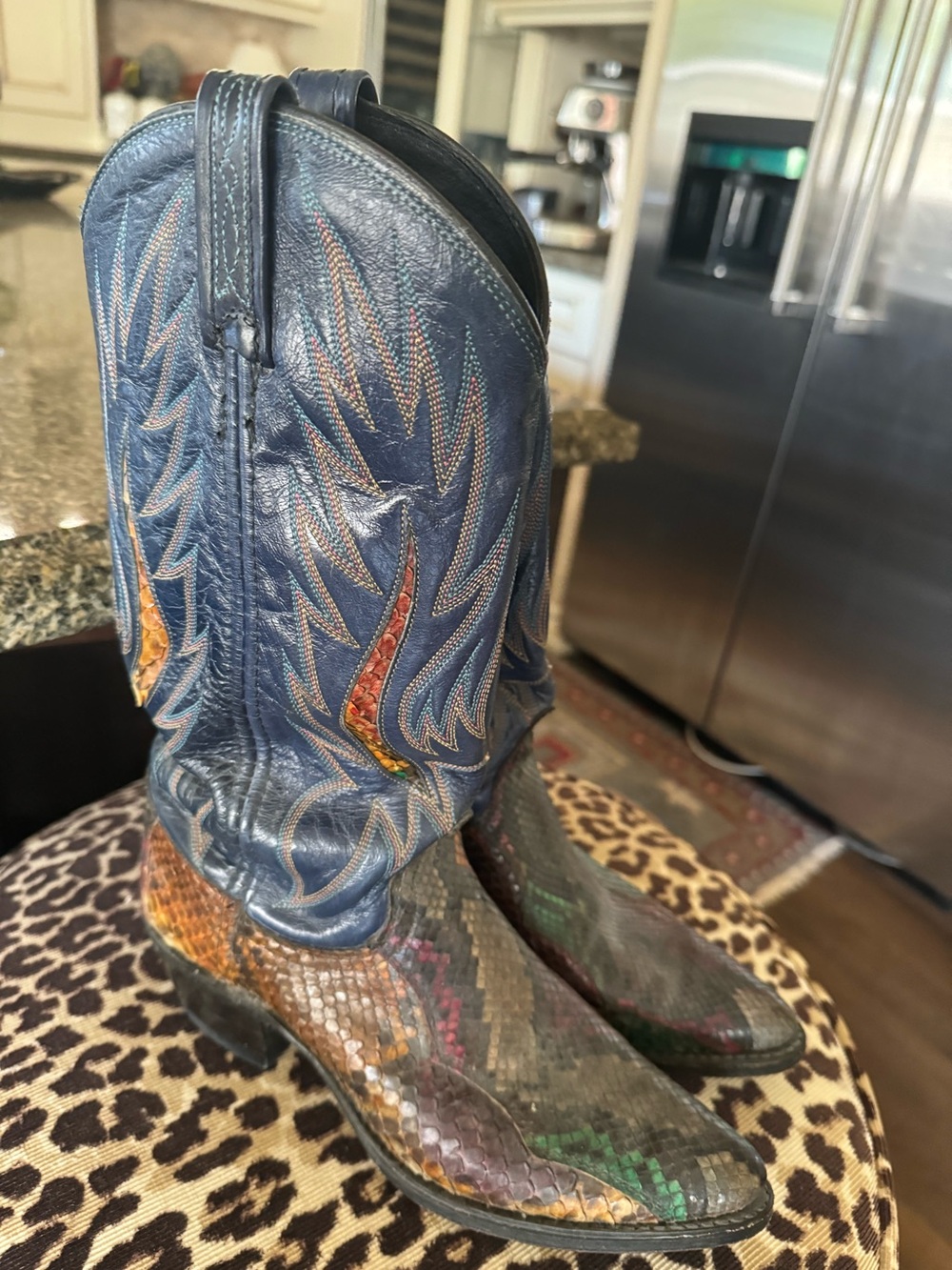 Blue Leather Western Boots with Multicolor Snakeskin Accent